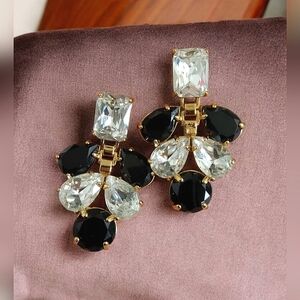 Statement Black & Clear Crystal Drop Earrings - Gold Tone